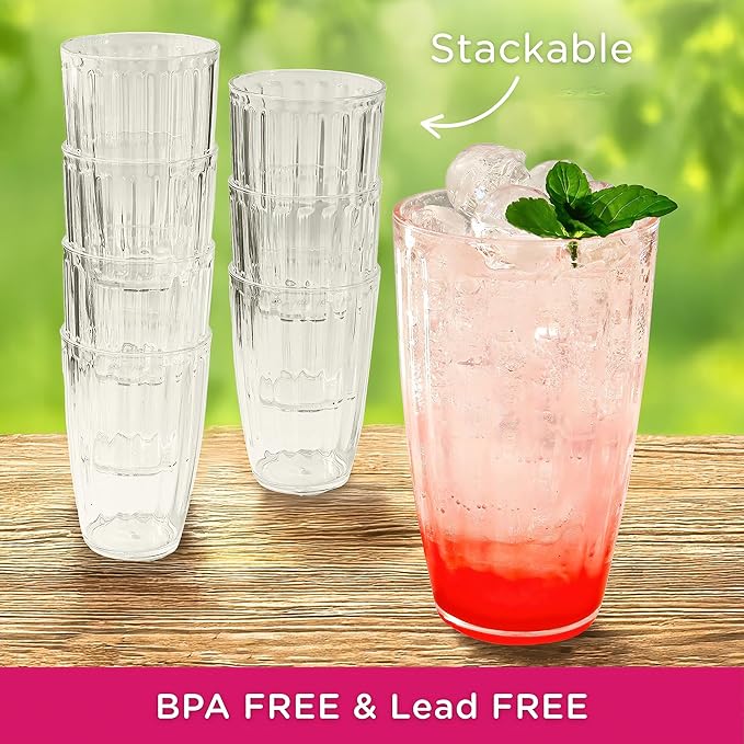 Kate Aspen Clear Ribbed Acrylic Glasses Drinkware Set of 8, 21 oz, Plastic Tumblers, Tumblers & Water Glasses, BPA-Free Plastic Cups Reusable for Cocktails,Pool Parties & Outdoor Entertaining