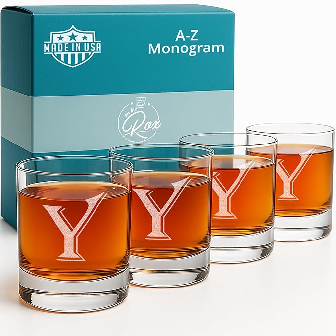 Monogrammed Gifts for Men - 4PC 11 Oz Custom Whiskey Glasses (Y-Monogram) - Engraved Whiskey Glasses - Personalized Whiskey Glasses - Unique Bourbon Glasses - Personalized Glass Gifts for Dad