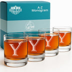 Monogrammed Gifts for Men - 4PC 11 Oz Custom Whiskey Glasses (Y-Monogram) - Engraved Whiskey Glasses - Personalized Whiskey Glasses - Unique Bourbon Glasses - Personalized Glass Gifts for Dad