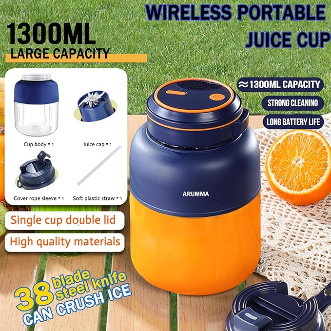 Portable Smoothie Blender for Smoothies & Shakes 43oz 1300ML USB Charging Cordless Powerful Blades Blending Portable Juice Cup Blender for Small Ice Fruit Vegetable Crush Kitchen Gym Outdoor