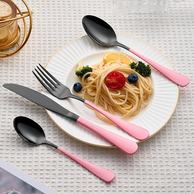 20 Piece Black Pink 18/0 Flatware Utensil Set for 4, Include Dinner Knife,Dinner Forks,Dinner Spoons,Salad Forks,Teaspoons,Silverware Set for 4, Dishwasher Safe