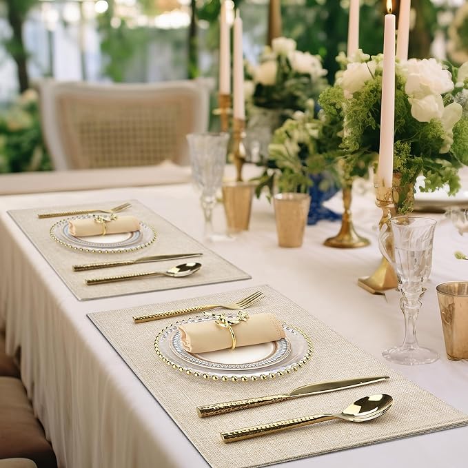 Beige Cloth Placemats Set of 6 - Easy to Clean Fabric Table Placemats - Machine Washable Placemats - Heat Resistant Non-Slip Table Mats (Beige, 6)