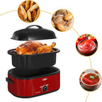 Sunvivi 20-Quart Roaster Oven with Self-Basting Lid, Electric Turkey Roaster Oven with Removable Pan and Rack, Stainless Steel, Red