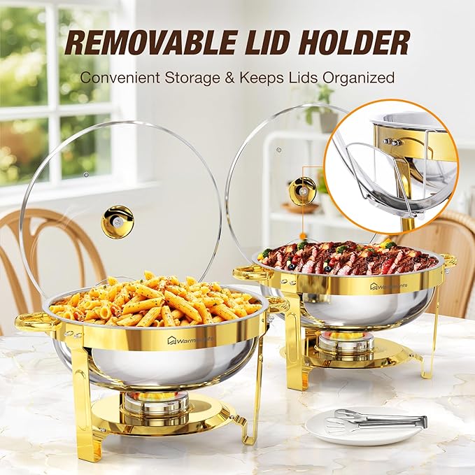 Gold Chafing Dishes for Buffet with Glass Lid (5QT, 4 Pack), Round Stainless Steel Chafers and Buffet Warmers Sets with Lid Holder, Rolled Edge Design, for Catering Events, Parties, Weddings