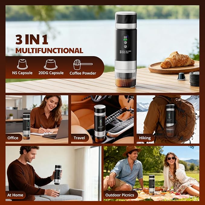 Portable Espresso Maker, Travel Coffee Maker for camping, Portable Espresso Machine with USB-C, 3-in-1 Small Espresso Machine with Ground Coffee & Capsules (NS＆DG) for RV, Hiking (Obsidian Black)