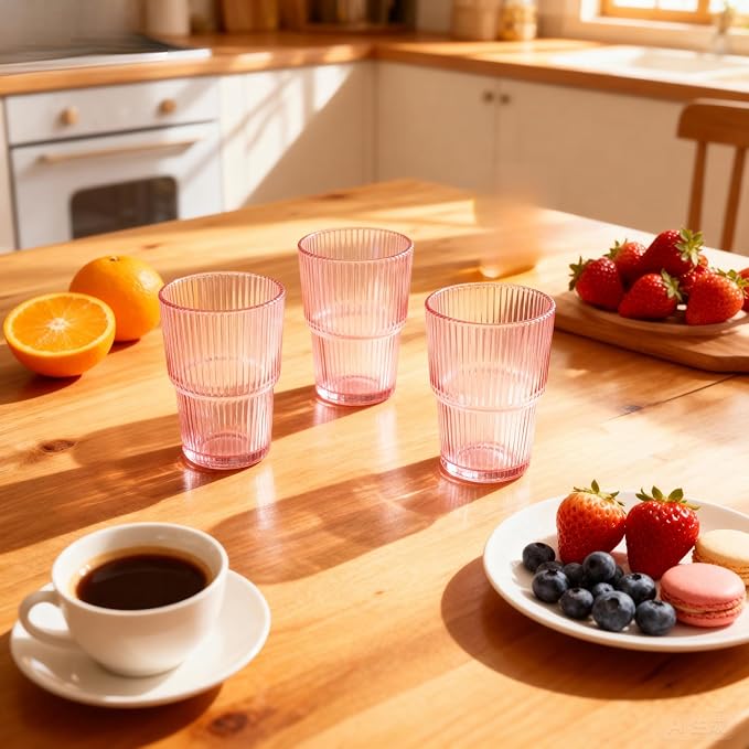 Pink Ribbed Glass Set of 4 14oz Highball Glass Stackable Vintage Durable for Water, Seltzer, Sparkling, Elegant Everyday Glassware