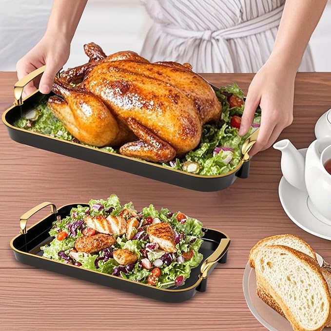 Serving Tray with Handles Set of 3 Rectangular Large Serving Platters 16.5/14.9/13.2 Inch White Plates for Dinner, Party, Entertaining, Black Gold