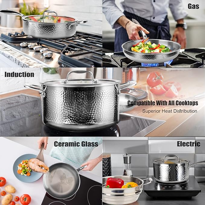 imarku Pots and Pans Set, 14PCS Kitchen Cookware Sets Tri-Ply Clad Stainless Steel with Hangered Handle and Lids, Suits Ceramic and Induction, Oven and Dishwasher Safe, Best Gifts for Women Man