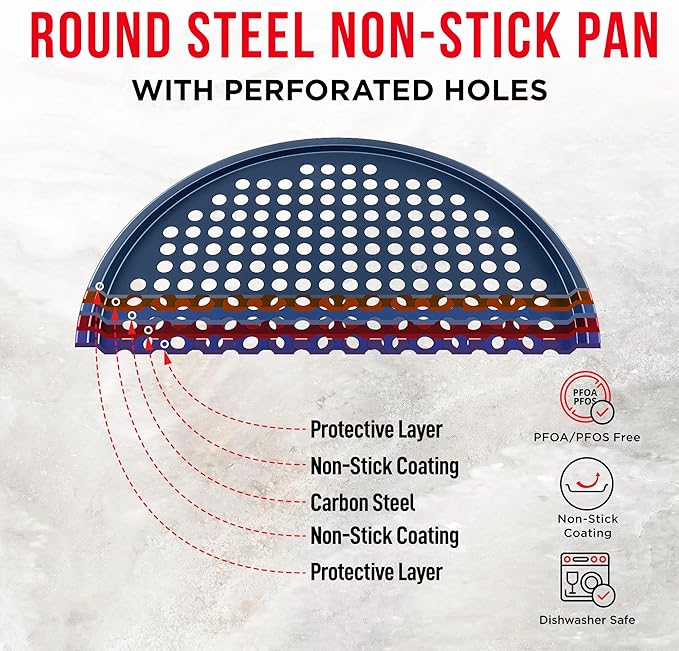 Bakken Pizza Baking Pan - Round Perforated Carbon Steel Pan with Non-Stick Marble Coating, Oversized Silicone Handle, Dishwasher Safe, High-Temperature Resistant, Durable & Easy Cleanup - Blue, 2 Pack