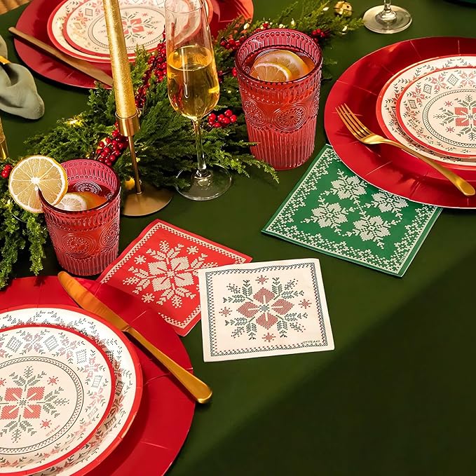 12pcs Vintage Drinking Glasses Set, 12 oz Highball Glasses & 9 oz Embossed Ribbed Glassware Cups for Cocktail, Water, Juice, Coffee, Whiskey (Christmas Red)