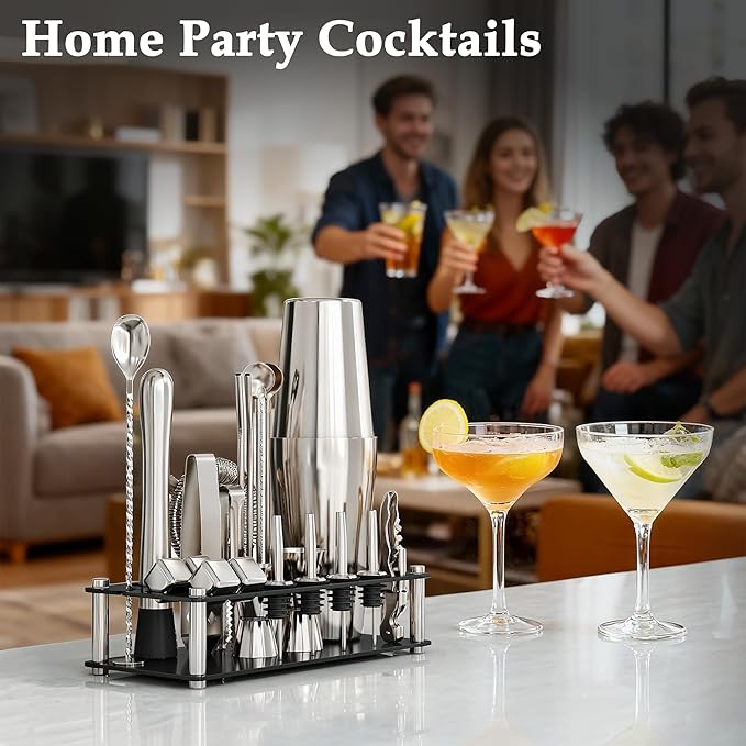 Cocktail Shaker Set Bartender Kit, 24-Piece Boston Stainless Steel Bar Tool Set with Acrylic Stand Bars Set with All Practical Bar Accessories, for Drink Mixing, Bar, Home, Party, Silver