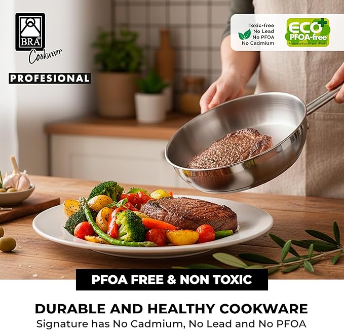 BRA COOKWARE Profesional Frying Pan | 10.2 inches Professional Skillet | Stainless Steel Pan w/o Non-Stick Coating | All Stovetop Compatible - Full Induction Skillet | 100% PFOA Free | Brushed Finish