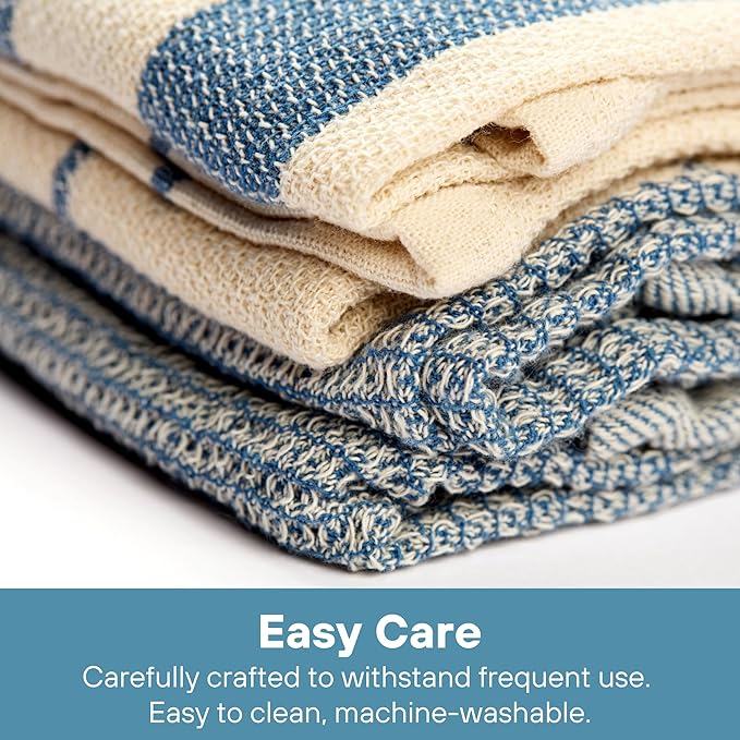 MEEMA Kitchen Towels and Dishcloths Sets of 4 | Large 18 x 28 Inch | Upcycled Cotton Tea Towel | Super Absorbent Cotton Dish Towels for Kitchen | Blue Stripes | Hand Towels