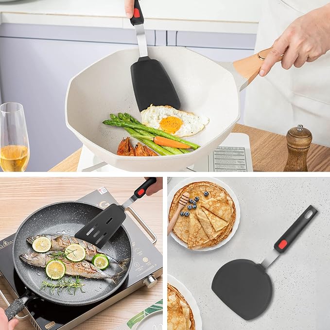 Hotec Silicone Spatula Turner for Nonstick Cookware, Cooking Spatulas 600°F Heat Resistant Large Flexible Rubber Spatula Set of 3, Kitchen Utensils for Flipping Eggs, Burgers, Pancakes, Crepes