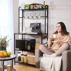 Bakers Rack for Kitchen, 33-inch Wide Coffee Bar Station with Power Outlet, 5 Tier Microwave Stand Storage Shelf with S-Shaped Hooks, Metal Frame with Brown Wood Tabletop