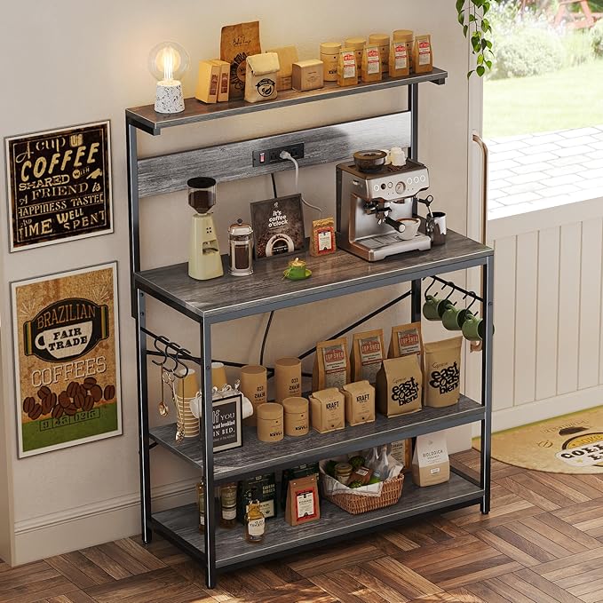 SUPERJARE Bakers Rack with Power Outlets, Microwave Stand, 39.4 X 14.3 Inch Larger Desktop, Kitchen Storage Rack with Adjustable Middle Shelf, 6 S-Shaped Hooks, Coffee Bar Stand, Grey