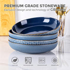GBHOME 9.5'' Large Pasta Bowls, 42 Ounce Stoneware Salad Bowls for Kitchen, Ceramic Serving Bowls With Textured Pattern for Pasta,Fruit, Stews,Noodle, House-warming Gift, Set of 4-Moonlight Blue