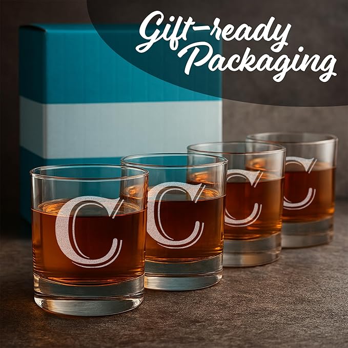 On The Rox Drinks (C-Monogram) - 4 Piece Set of 11 Ounce Engraved Heavy Base Rocks Glasses Elegant Glass-Multi-Purpose Beverage-Rocks Glass- Gift for any Occasion