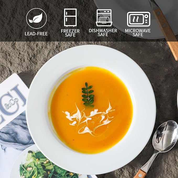 Ceramic Soup Bowls Shallow Plates, Halloween 4 Pack White Dinner Bowls Plates, Porcelain Wide Rim, 8.5 Inch (8.5 oz) Shallow Bowls Ideal for Soup Dessert Salad and Pasta, Microwave and Dishwasher Safe