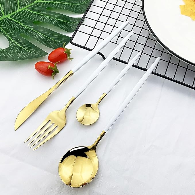 JASHII Flatware Serving Set 24 Piece, Stainless Steel Silverware Set, White Gold Cutlery, Modern Elegant Tableware for Party, Christmas, Dinner