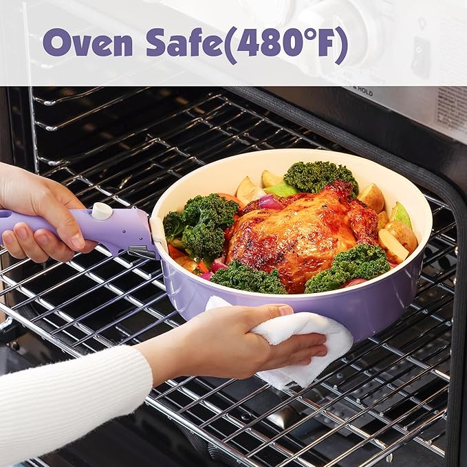 SENSARTE 17 Piece Ceramic Pots and Pans Set, Nonstick Detachable Handle Cookware, Induction Kitchen Cookware Set with Removable Handle, Dishwasher ＆ Oven Safe (Purple)