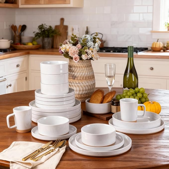 AmorArc Ceramic Dinnerware Set for 6 | Speckled Stoneware Plates and Bowls with Rustic Terracotta Underside| Scratch Resistant,Dishwasher & Microwave Safe Dishes Sets- 18pcs White