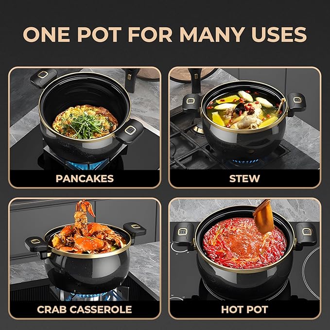 Nonstick Ceramic Coated Sauce Pan with Lid Black Crock Pot with Twist & Lock Handles, Micro Pressure Cooker Versatile stock pot with lid, Bottom Big Soup Canning Pots,Simmer Pot (BLACK, 5.5Quarts)