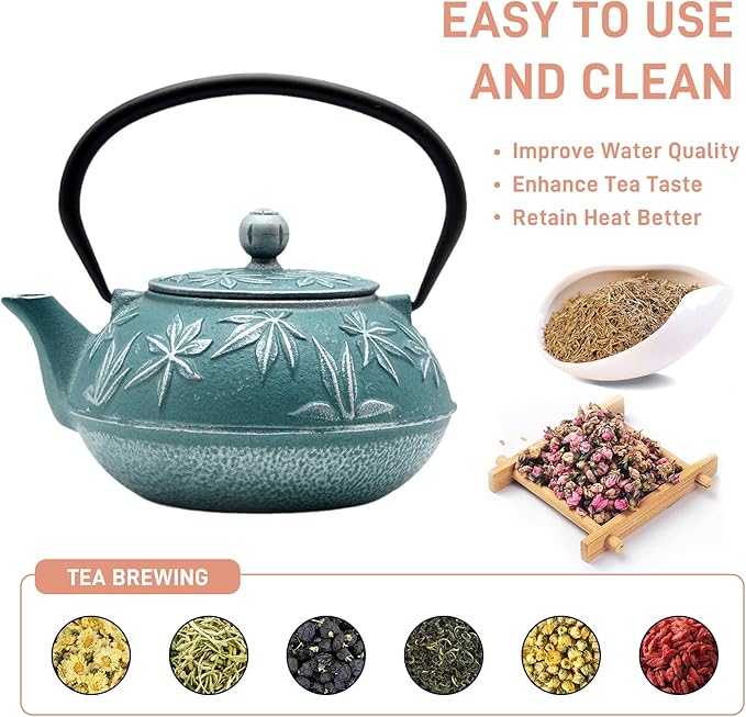 30.4oz Small Cast Iron Teapot Tea Kettle with Stainless Steel Infuser for Stovetop Safe Coated with Enameled Interior Japanese Tetsubin with Maple Leaves Pattern(30.4oz/900ml)