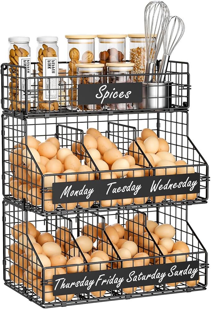 keomaisyto Egg Holder Countertop with 5 Dividers & DIY Nameplate to Separate Eggs, 3 Tier Stackable Wire Storage Baskets for Gathering Fresh Eggs, XXL Large Egg Rack, Wall-Mounted (Patent Pending)