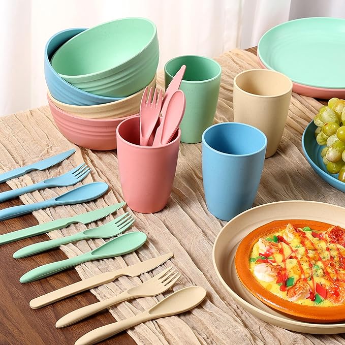 Wheat Straw Dinnerware Sets for 4 - Lightweight & Unbreakable Dishes - Microwave & Dishwasher Safe - Perfect for Camping, Picnic, RV - Kids Plates and Bowls Sets - College Dorm Room Essentials