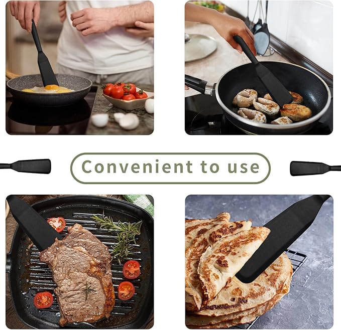 Dioycli Silicone Spatulas for Cooking Heat Resistant Pancake Spatula, Non Stick Long Omelette Spatula Turner Bpa Free 2 Pieces for Crepes Egg Burgers Pizza Cookie（Black）