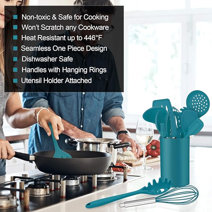 LIANYU 12-Piece Silicone Kitchen Cooking Utensils Set with Holder, Kitchen Tools Include Slotted Spatula Spoon Turner Ladle Tong Whisk, Dishwasher Safe, Dark Blue