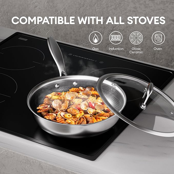 COOKER KING 11-Inch Wok with Lid, Hybird Nonstick Wok Professional Grade, Stainless Steel Woks & Stir-Fry Pans, Stay-Cool Handle, Dishwasher & Oven-Safe,Compatible with All Cooktops