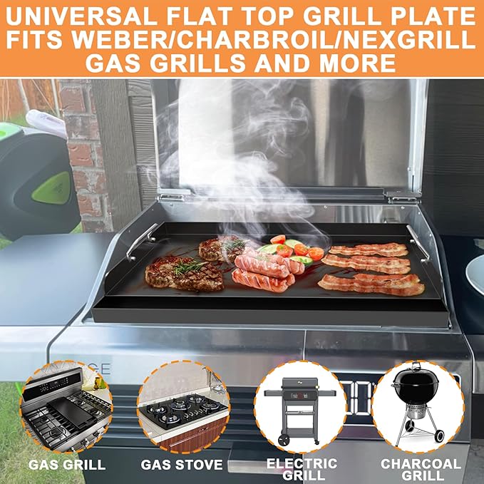 Universal Flat Top Griddle, Large Griddle Insert for Gas/Stove/Electric/Charcoal Grills, 25" x 16" Flat Skillet for Weber Nexgrill Camp Chef Charbroil Skillet Pan for Outdoor Grill, Carbon Steel, 1PC