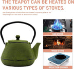 20.3oz Small Cast Iron Teapot, SECHUDO Cast Iron Tea Kettle for Stovetop Safe Coated with Enameled Interior, Iron Tea Pot with Stainless Steel Infuser for Loose Tea (Green Pinstripe Pattern)