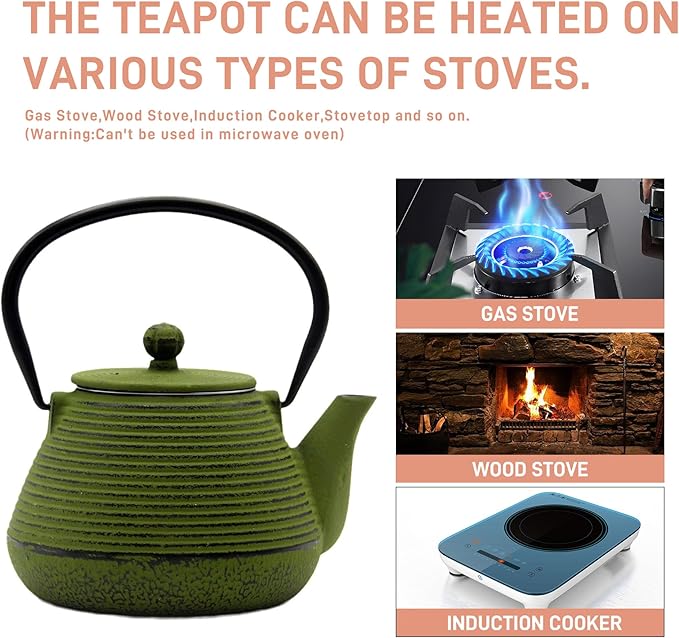 20.3oz Small Cast Iron Teapot, SECHUDO Cast Iron Tea Kettle for Stovetop Safe Coated with Enameled Interior, Iron Tea Pot with Stainless Steel Infuser for Loose Tea (Green Pinstripe Pattern)