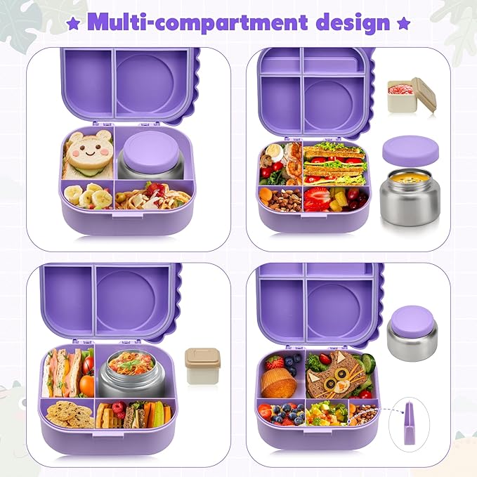 Bento Lunch Box with Thermo, 4-Compartment Bento Box with Adjustable Dividers, Leakproof Dinosaur Lunch Box with 14.2OZ Insulated Food Jar & Sauce Jar, for School Office Travel (Purple)