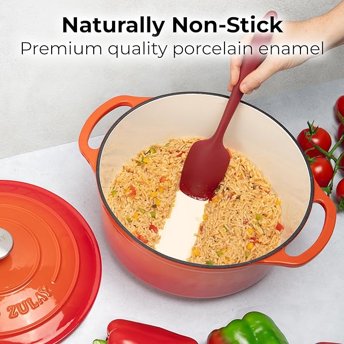 Zulay Kitchen 7.7 Quart Enameled Cast Iron Dutch Oven with Lid, Silicone Trivet & Heat Pad – Premium Durability & Oven Safe up to 500°F – Heavy Duty Cookware Perfect for Bread Baking, Stews, Braising & Roasting – Orange