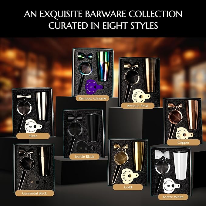 5 Piece Cocktail Kit by Bull In China - Premium Bartender Gift Set Includes Weighted 2 Piece Boston Shaker, Hammered Bell Jigger, Hawthorne Strainer & Fine Mesh Strainer (Rainbow Chrome)