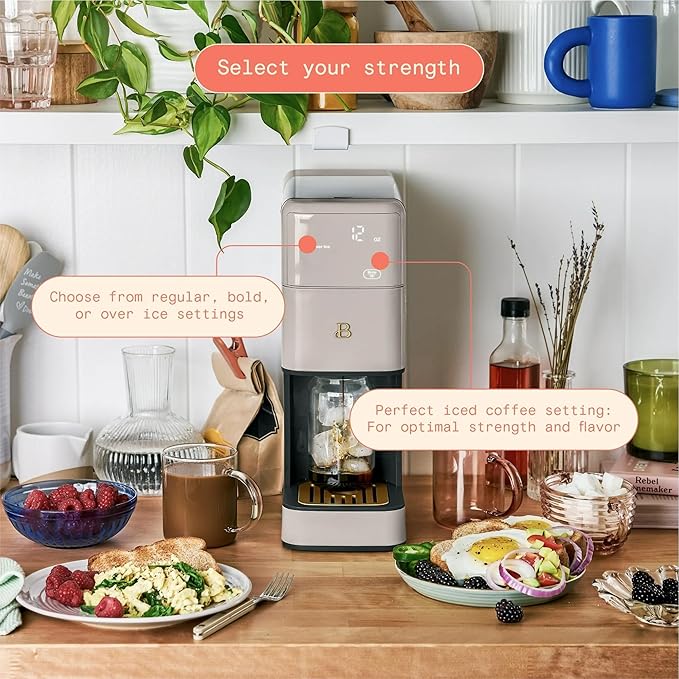 Beautiful Perfect Grind Programmable Single Serve Coffee Maker with Touch Display and Integrated Burr Grinder, Auto Coffee Strength Selection, 64oz Water Reservoir (Porcini Taupe)