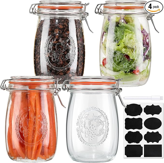 Wide Mouth Mason Jars 32 oz, 4 Pack Glass Canning Jars with Airtight Lid, Large Clear Canister Quart Jars for Pickling Flour Salad Jam Jelly Coffee Sugar Beans Kitchen Storage (4 Pack 32OZ)