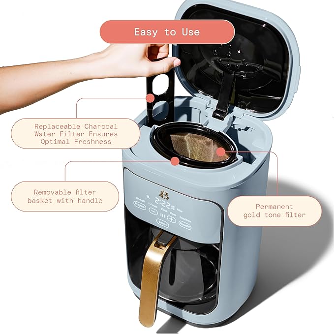 Beautiful Coffee Maker, 14-Cup, Touch Display, Programmable, 1200W, Stainless Steel, Keep Warm, 24h Timer dishwasher-safe (Cornflower Blue)