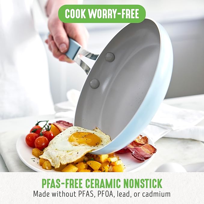 GreenLife 8” & 10” 2 Piece Nonstick Ceramic Frying Pan Set, Lightweight Healthy PFAS-Free Skillets, Dishwasher & Oven Safe, Durable Body, Silicone Stay-Cool Handles, Easy Release, Blue Haze