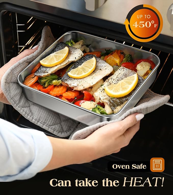 8 x 8-Inch Baking Pan, 304 Stainless Steel Square Cake Pan, Commercial Grade Bakeware for Cakes Brownies Casseroles, Thicker Rectangle Sheet Cake Pans, Non-toxic & Heavy Duty &Dishwasher Safe