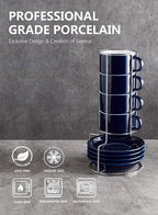 Sweese 8 Ounce Porcelain Stackable Cappuccino Cups with Saucers and Metal Stand - for Specialty Coffee Drinks, Cappuccino, Latte, Americano and Tea - Set of 4, Navy