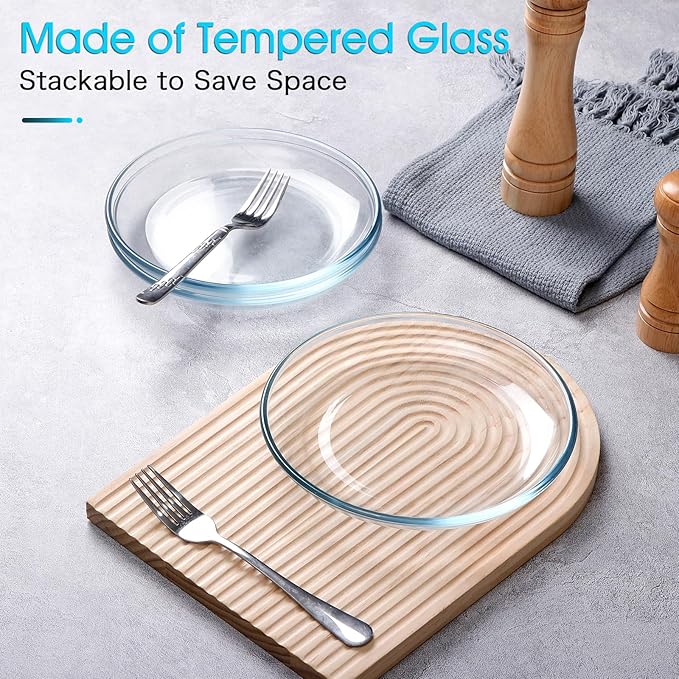 NUTRIUPS 6 Pack 8in Glass Plates - with Lipped Edge - Clear Glass Plate, Tempered Glass Plates Set of 6, Clear Appetizer Plate, Dishwasher & Microwave Safe