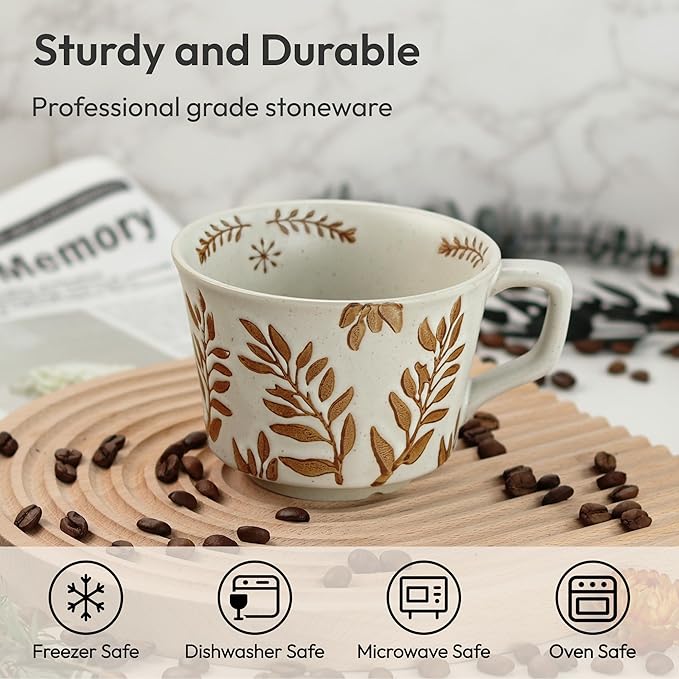 Ceramic Coffee Mug, 12 oz Novelty Unique Teacup with Handle, Stoneware Cup for Tea Mocha Latte Cappuccino Espresso (Set of 2, Butterfly and Ivy)