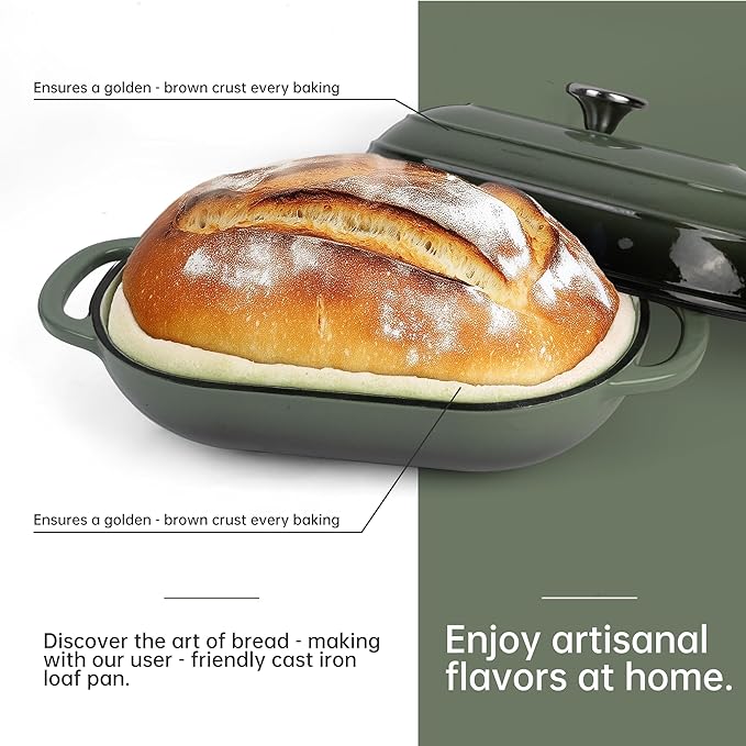 Premium Enameled Cast Iron Dutch Oven for Bread Baking | Non-Stick 5QT Oval Bread Oven with Lid | Perfect for Sourdough, Loaf, and Artisan Baking (Green, 5 QT)