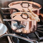 Mauviel M'Heritage 150 CI 1.5mm Polished Copper & Stainless Steel DeLuxe 3-Piece Cookware Set, With Sauce Pan With Lid, 1.8-Qt and Frying Pan 7.8-In, Cast Iron Handles, Made in France