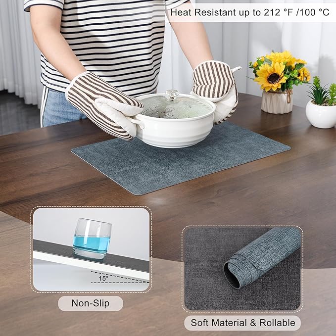 Myir JUN Dual Sided Placemats, Faux Leather Set of 6 Indoor & Outdoor Square Non-Slip Table Mats (Gray Light Blue, Set of 6)